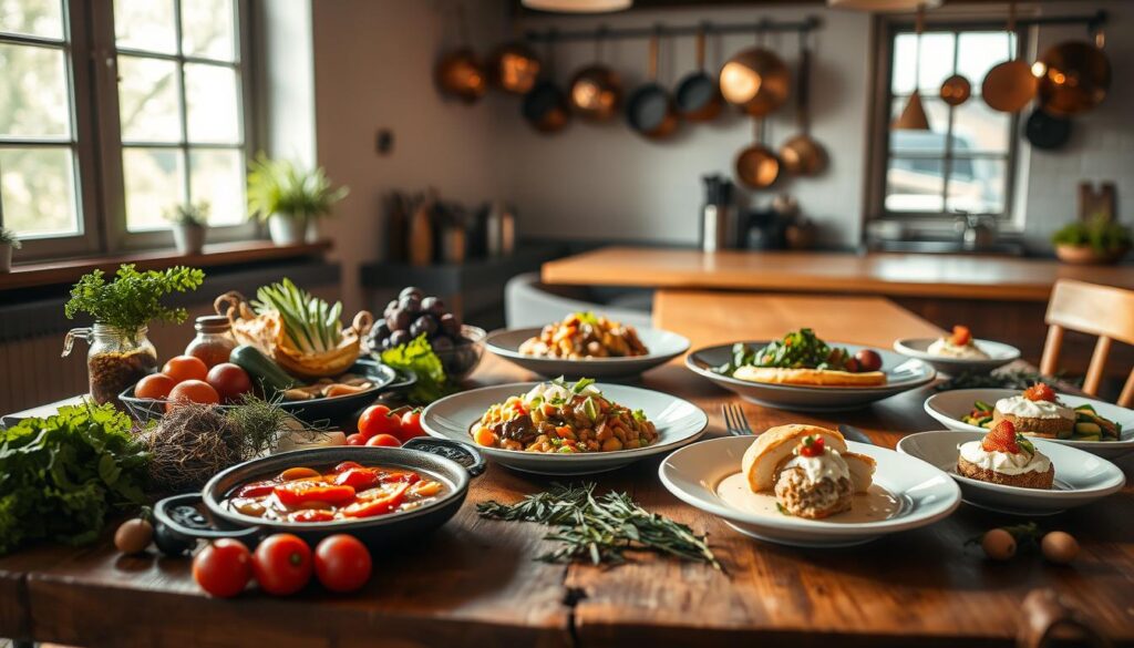 A beautifully curated seasonal menu spread out on a rustic wooden table, illuminated by warm natural lighting streaming through large windows. In the foreground, an array of fresh, vibrant ingredients - locally-sourced produce, fragrant herbs, and artisanal condiments - meticulously arranged. In the middle ground, a series of elegant, thoughtfully-plated dishes showcasing the chef's seasonal culinary expertise - a hearty stew, a delicate seafood course, and a decadent dessert. The background features a minimalist, yet inviting kitchen setting, with gleaming copper pots and pans hanging on the walls. The overall scene evokes a sense of culinary passion, seasonal inspiration, and a dedication to crafting an exceptional dining experience. A beautifully curated seasonal menu spread out on a rustic wooden table, illuminated by warm natural lighting streaming through large windows. In the foreground, an array of fresh, vibrant ingredients - locally-sourced produce, fragrant herbs, and artisanal condiments - meticulously arranged. In the middle ground, a series of elegant, thoughtfully-plated dishes showcasing the chef's seasonal culinary expertise - a hearty stew, a delicate seafood course, and a decadent dessert. The background features a minimalist, yet inviting kitchen setting, with gleaming copper pots and pans hanging on the walls. The overall scene evokes a sense of culinary passion, seasonal inspiration, and a dedication to crafting an exceptional dining experience.