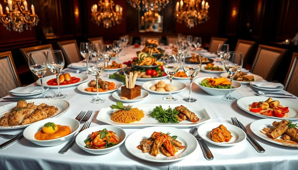 A beautifully lit, high-angle shot of an elegant Italian dining table setting, featuring an artfully arranged assortment of signature dishes. In the foreground, a vibrant, colorful array of meticulously plated entrees, each a visually striking work of culinary art. The middle ground showcases carefully curated tableware, including hand-crafted ceramic plates, polished silverware, and delicate glassware. The background reveals a warm, inviting ambiance, with softly lit chandeliers casting a gentle glow over the scene. The entire composition conveys a sense of refined sophistication and attention to detail, capturing the essence of the "Dish Development" process behind these limited-edition signature menus.
