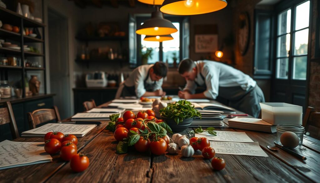 A cozy Italian kitchen, dimly lit by warm pendant lamps, sets the stage for a thoughtful planning process. In the foreground, a weathered wooden table is scattered with handwritten notes, recipe books, and freshly harvested ingredients - tomatoes, basil, garlic, and more. In the middle ground, two chefs, their faces obscured, lean over the table, deep in discussion, their body language conveying the care and attention they bring to crafting the perfect menu. Through a window in the background, the fading light of day casts a golden glow, hinting at the delicious dishes to come. The atmosphere is one of focus, creativity, and the quiet passion that goes into curating an exceptional Italian dining experience.