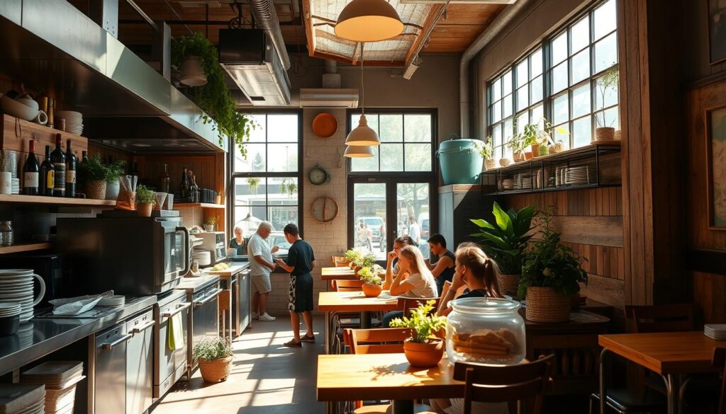 A cozy, well-lit restaurant interior with an open kitchen featuring stainless steel appliances and chefs meticulously preparing fresh, locally-sourced ingredients. Natural wooden accents, potted plants, and recycled decor elements create a warm, eco-friendly ambiance. Sunlight streams through large windows, illuminating the restaurant's sustainable practices, such as composting bins, water-efficient fixtures, and energy-efficient lighting. Customers dine at wooden tables, surrounded by a serene, nature-inspired atmosphere that reflects the restaurant's commitment to sustainability and farm-to-table dining.