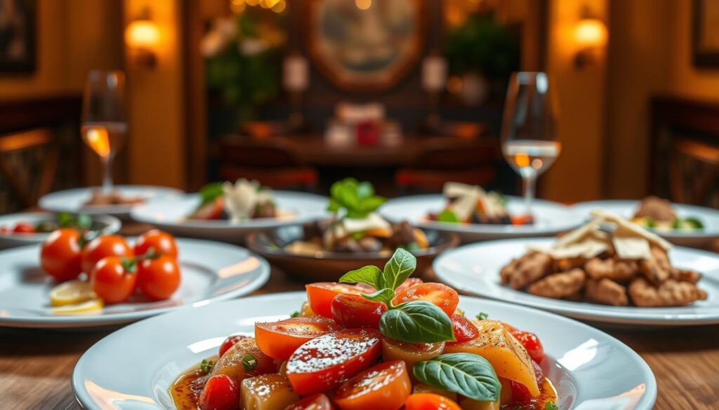 A delicate arrangement of various Italian culinary masterpieces, showcasing the artistry and precision of traditional plating techniques. In the foreground, a meticulously composed plate features a vibrant, colorful display of fresh ingredients, from glistening tomatoes to fragrant basil leaves, expertly layered and garnished. The middle ground reveals a series of elegant dishes, each with its own unique presentation, from the intricate drizzle of balsamic reduction to the elegant placement of shaved parmesan. The background is bathed in warm, golden lighting, creating a cozy, inviting atmosphere that evokes the ambiance of an authentic Italian trattoria. The overall scene captures the essence of the "Dish-by-Dish Gallery," celebrating the visual allure and craftsmanship of iconic Italian cuisine.