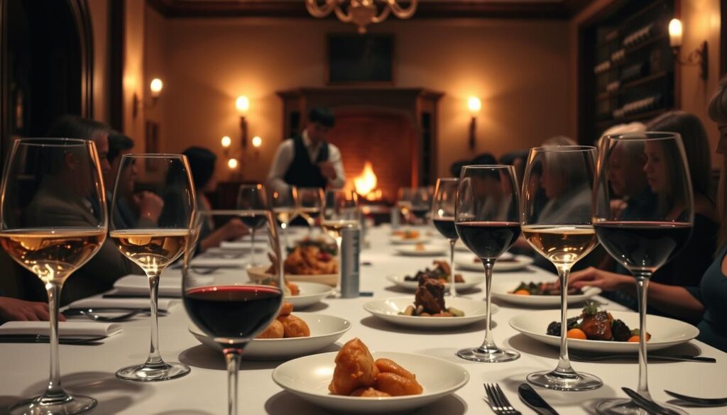 A dimly lit, intimate dining room with a long, elegantly set table. In the foreground, a series of wine glasses filled with various vintages, complementing the array of dishes being served - from delicate seafood to rich meat courses. Soft lighting from candles and a flickering fireplace creates a warm, cozy ambiance, inviting diners to savor each sip and bite. The middle ground features attentive servers carefully presenting each course, while the background reveals a well-stocked wine cellar, hinting at the depth of the establishment's offerings. An atmosphere of refined indulgence and culinary excellence pervades the scene, capturing the essence of a multi-course wine pairing experience.
