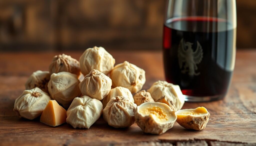 A luxurious still life of Italian white truffles and a glass of rich red wine, set against a backdrop of a rustic wooden table. The truffles are arranged in a natural, organic manner, their earthy aroma wafting through the air. The wine glass, with its deep garnet hue, is positioned to the side, suggesting an elegant pairing. Soft, warm lighting casts a gentle glow, creating a sense of intimacy and indulgence. The composition is carefully balanced, with the truffles and wine complementing each other in a harmonious, mouthwatering display. This scene evokes the essence of Italian culinary tradition, where the finest ingredients are celebrated and savored. A luxurious still life of Italian white truffles and a glass of rich red wine, set against a backdrop of a rustic wooden table. The truffles are arranged in a natural, organic manner, their earthy aroma wafting through the air. The wine glass, with its deep garnet hue, is positioned to the side, suggesting an elegant pairing. Soft, warm lighting casts a gentle glow, creating a sense of intimacy and indulgence. The composition is carefully balanced, with the truffles and wine complementing each other in a harmonious, mouthwatering display. This scene evokes the essence of Italian culinary tradition, where the finest ingredients are celebrated and savored.