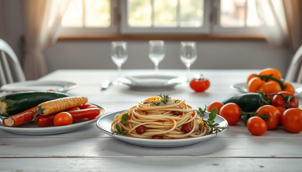 A meticulously arranged Italian vegetarian dish, plated with artistic flair. In the foreground, a vibrant array of fresh vegetables - zucchini, eggplant, tomatoes, and bell peppers - beautifully arranged in an elegant, asymmetrical composition. The middle ground features a delicate pasta nest, infused with aromatic herbs and a creamy, plant-based sauce. The background showcases a minimalist, white-washed table setting, illuminated by soft, natural lighting filtering through a large window, casting a warm, inviting glow. The overall scene evokes a sense of rustic sophistication, capturing the essence of Italian culinary artistry through a vegetarian lens. A meticulously arranged Italian vegetarian dish, plated with artistic flair. In the foreground, a vibrant array of fresh vegetables - zucchini, eggplant, tomatoes, and bell peppers - beautifully arranged in an elegant, asymmetrical composition. The middle ground features a delicate pasta nest, infused with aromatic herbs and a creamy, plant-based sauce. The background showcases a minimalist, white-washed table setting, illuminated by soft, natural lighting filtering through a large window, casting a warm, inviting glow. The overall scene evokes a sense of rustic sophistication, capturing the essence of Italian culinary artistry through a vegetarian lens.
