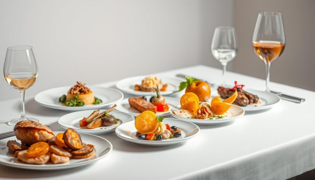 A meticulously arranged chef's menu, each dish a captivating study in flavor progression. A sumptuous array of culinary delights, meticulously plated against a clean, minimalist backdrop. Elegant glassware and pristine white plates create a sense of refined sophistication, while strategic lighting casts a warm, inviting glow. The composition draws the eye through a harmonious sequence of textures, colors, and aromatic elements, leading the viewer on a sensory journey through the art of Italian tasting cuisine.