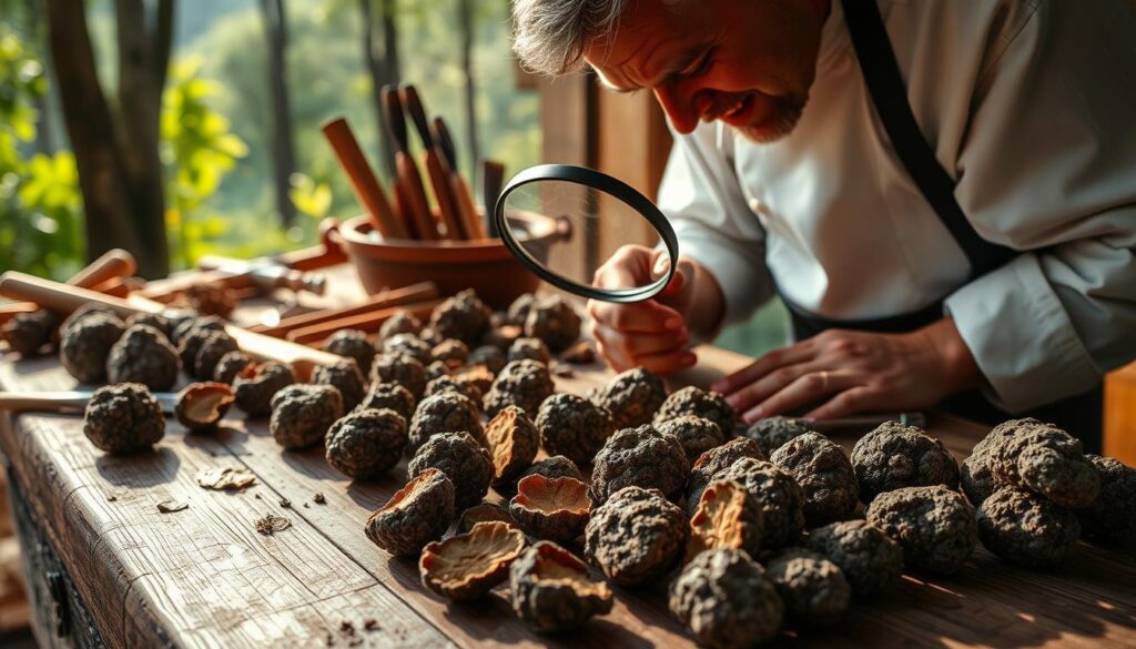 A meticulously curated selection of the finest Italian truffles laid out on a rustic wooden table, bathed in warm, natural light. In the foreground, a skilled chef carefully examines each precious specimen, using a magnifying glass to scrutinize their distinct textures and aromas. The middle ground features an array of traditional truffle-harvesting tools and the background showcases a lush, verdant forest, hinting at the truffles' natural habitat. The scene emanates a sense of reverence and appreciation for the culinary treasures, capturing the essence of the chef's meticulous selection process. A meticulously curated selection of the finest Italian truffles laid out on a rustic wooden table, bathed in warm, natural light. In the foreground, a skilled chef carefully examines each precious specimen, using a magnifying glass to scrutinize their distinct textures and aromas. The middle ground features an array of traditional truffle-harvesting tools and the background showcases a lush, verdant forest, hinting at the truffles' natural habitat. The scene emanates a sense of reverence and appreciation for the culinary treasures, capturing the essence of the chef's meticulous selection process.