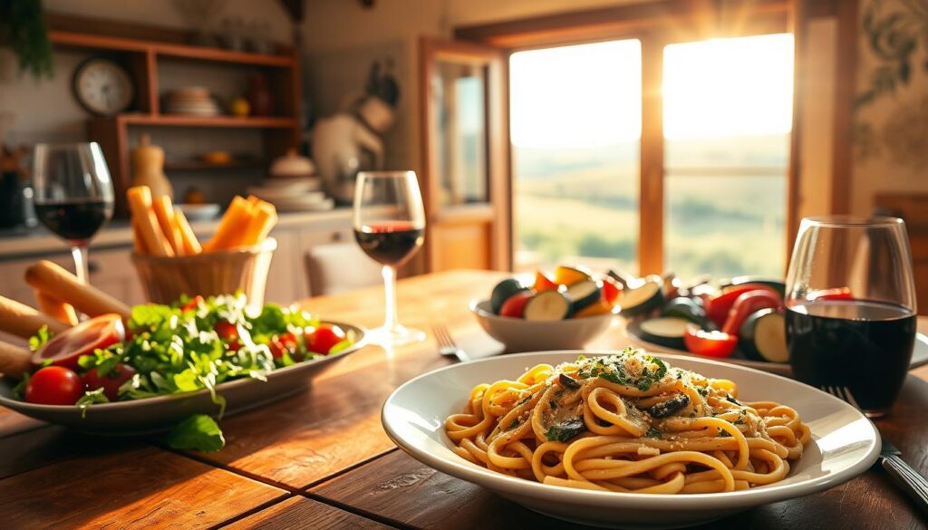 A rustic, sun-drenched Italian kitchen with a wooden table showcasing a vibrant vegetarian feast. In the foreground, a steaming plate of pasta in a creamy, herb-infused sauce, accompanied by a fresh salad, crunchy breadsticks, and a glass of rich red wine. In the middle ground, a platter of sautéed vegetables - zucchini, eggplant, and bell peppers - drizzled with olive oil and sprinkled with Parmesan. The background features an open window overlooking a rolling Tuscan landscape, casting a warm, golden glow across the scene. The overall atmosphere is one of comforting, homespun Italian hospitality, inviting the viewer to savor the simple pleasures of a delectable vegetarian Italian dish. A rustic, sun-drenched Italian kitchen with a wooden table showcasing a vibrant vegetarian feast. In the foreground, a steaming plate of pasta in a creamy, herb-infused sauce, accompanied by a fresh salad, crunchy breadsticks, and a glass of rich red wine. In the middle ground, a platter of sautéed vegetables - zucchini, eggplant, and bell peppers - drizzled with olive oil and sprinkled with Parmesan. The background features an open window overlooking a rolling Tuscan landscape, casting a warm, golden glow across the scene. The overall atmosphere is one of comforting, homespun Italian hospitality, inviting the viewer to savor the simple pleasures of a delectable vegetarian Italian dish.