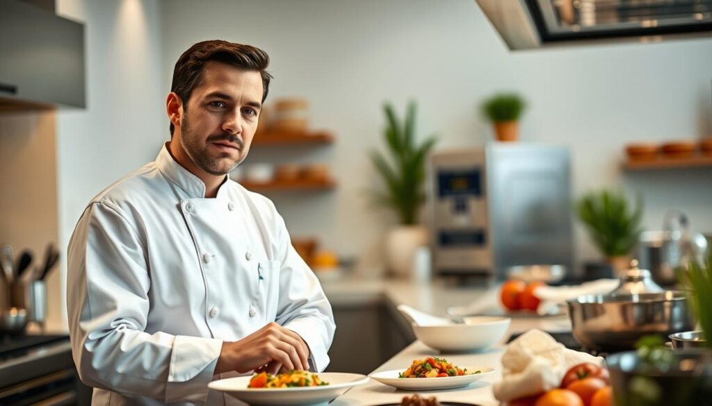 A skilled Italian events chef stands confidently in a well-lit, professional kitchen, preparing a dish as they engage in an interview. The chef wears a crisp, white uniform and is surrounded by an array of fresh ingredients and gleaming cooking equipment. The scene is captured with a shallow depth of field, keeping the chef in sharp focus while blurring the background, which features clean, contemporary lines and subtle hints of Italian decor. The lighting is warm and directional, casting dramatic shadows and highlighting the chef's expressive face as they discuss their culinary expertise and passion for creating authentic Italian cuisine.