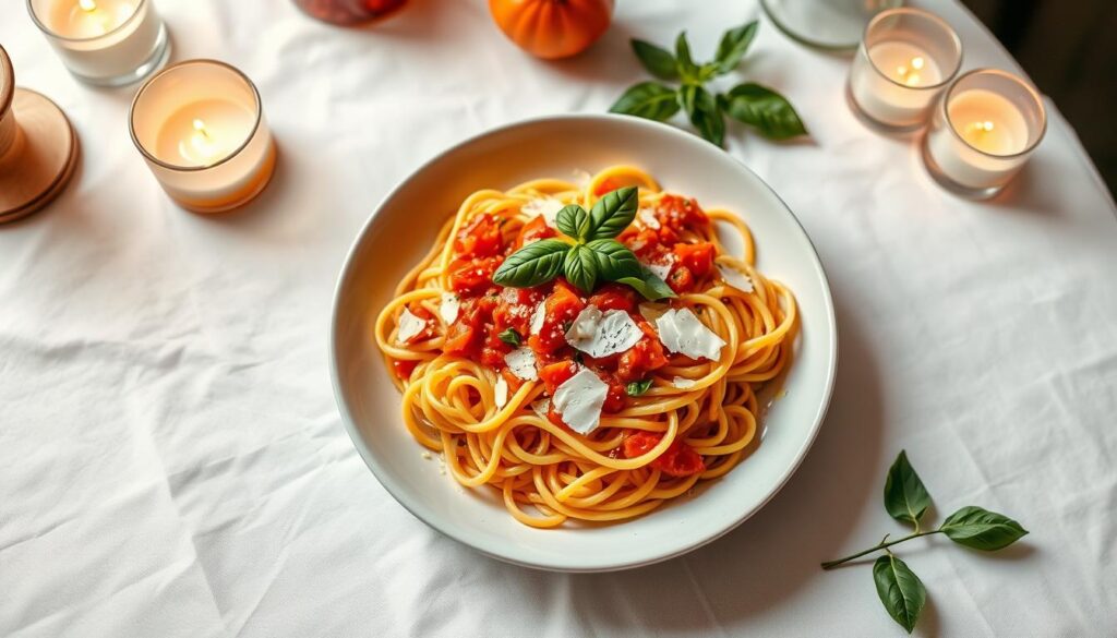 A table adorned with white linen, warm lighting, and a beautifully arranged Italian dish taking center stage. Artfully plated ingredients include al dente pasta, vibrant tomato sauce, fresh basil leaves, shaved parmesan, and a drizzle of olive oil. The dish is photographed from an overhead angle, highlighting the intricate, visually appealing presentation. The background is softly blurred, allowing the dish to be the focal point. The overall scene conveys a sense of culinary mastery, inspiring home cooks to elevate their plating techniques and create Instagram-worthy Italian meals.