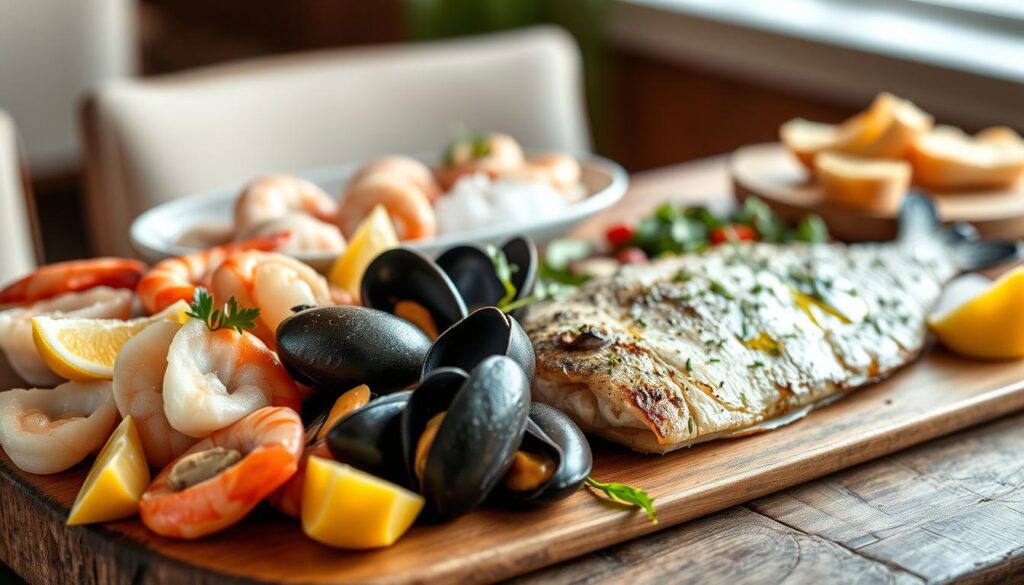 An elegant Italian seafood platter artfully presented on a rustic wooden table. In the foreground, a selection of fresh, glistening shellfish - plump scallops, juicy shrimp, and succulent mussels - arranged with care, complemented by vibrant wedges of lemon. The middle ground showcases a delicate piece of pan-seared white fish, the crisp skin contrasting with the tender, flaky interior. Garnished with fragrant herbs and a drizzle of olive oil, the dish emanates the flavors of the Mediterranean. In the background, a soft, warm light illuminates the scene, casting a gentle glow and highlighting the textures and colors of the seafood. The overall composition evokes a sense of coastal sophistication and culinary artistry.
