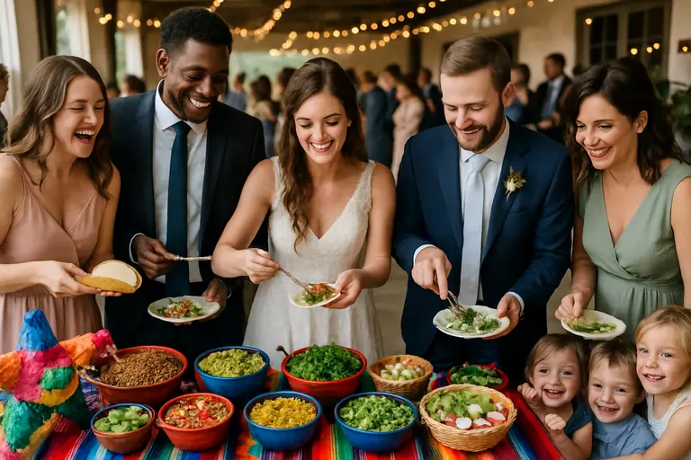 Chef serving guests at an interactive wedding food station