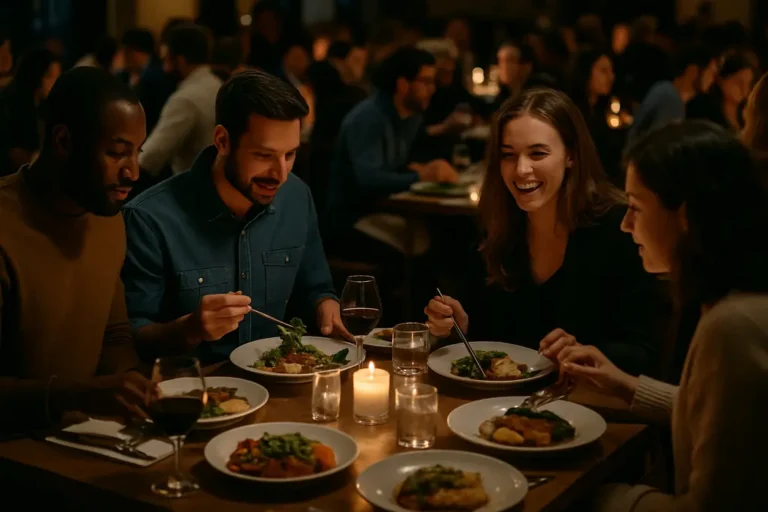 DFW Restaurant Week table with plated courses and diners sharing a meal