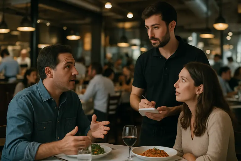 Diners reviewing a menu before ordering shrimp at a restaurant