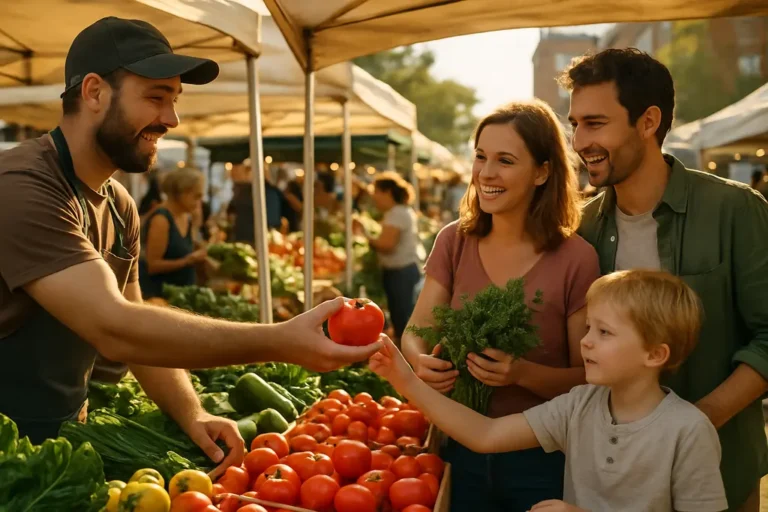 Eat Local Month table with Washington produce, bread, cheese, and flowers
