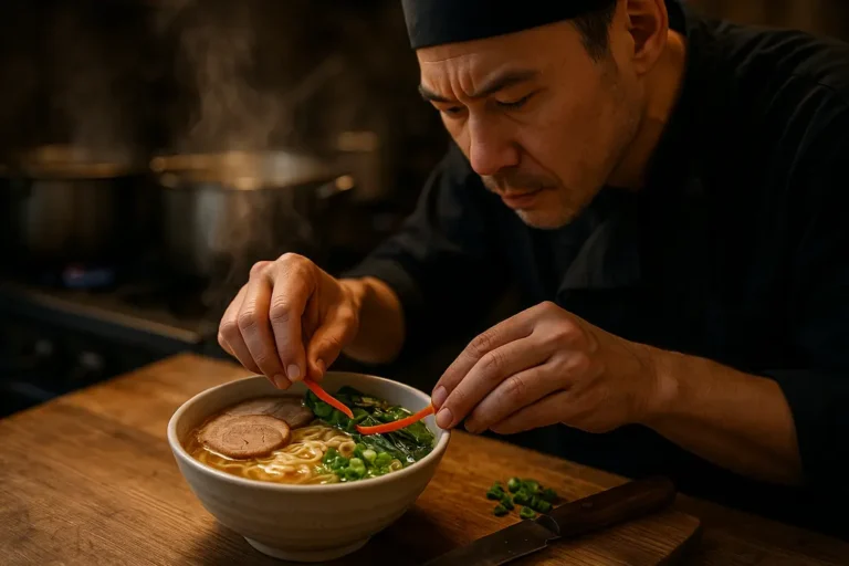 Table of global comfort foods with curry bowl, noodles, and burger sliders
