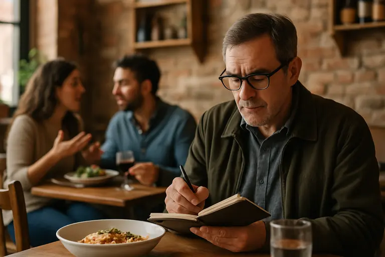 Neighborhood restaurant dining room with small groups at tables