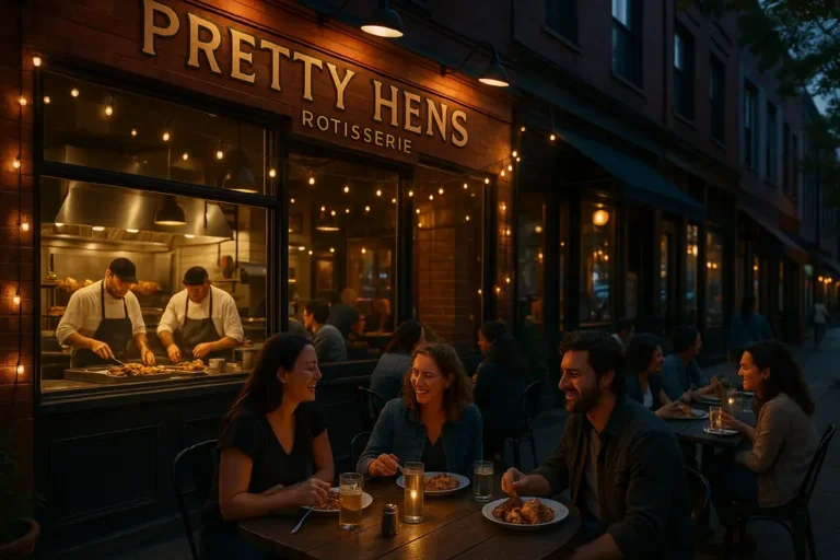 Pretty Hens Rotisserie chicken plate with sides on a casual dining table