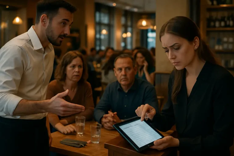 Host stand with tablet for restaurant reservations at a softly lit dining room