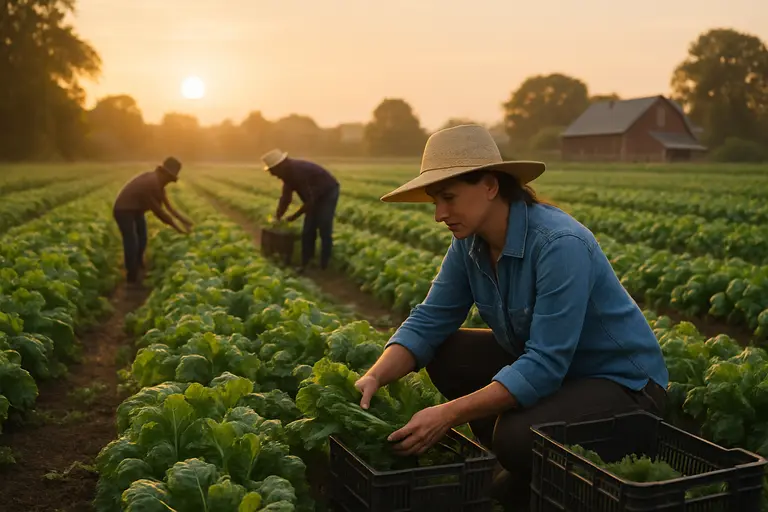 Rows of crops growing on a Washington farm under a clear sky