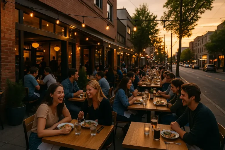 Seattle Restaurant Openings with diners passing cafés and small restaurants on a rainy street