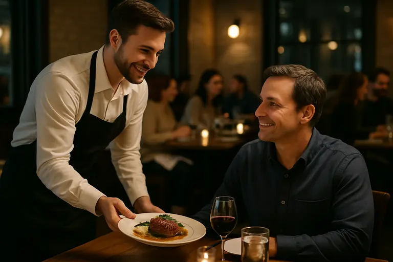 Server speaking with diners in a warm dining room