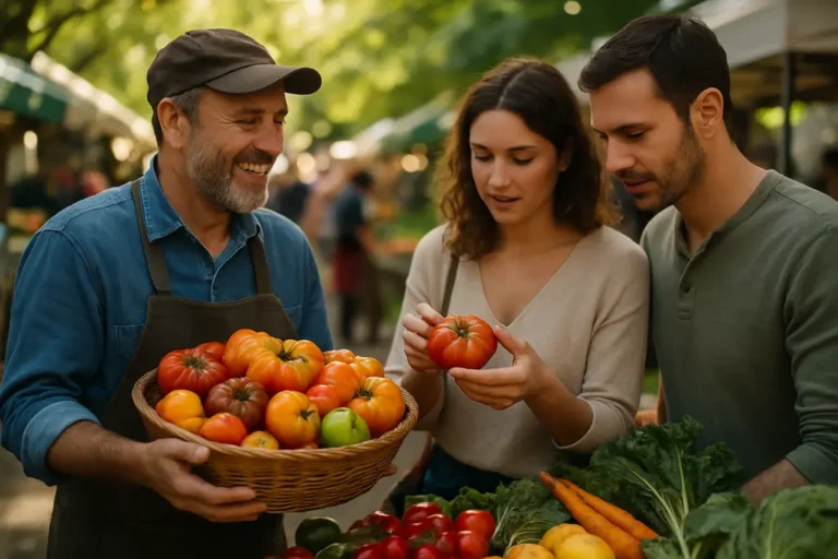 Arizona farmers markets produce stand with fresh vegetables and shoppers