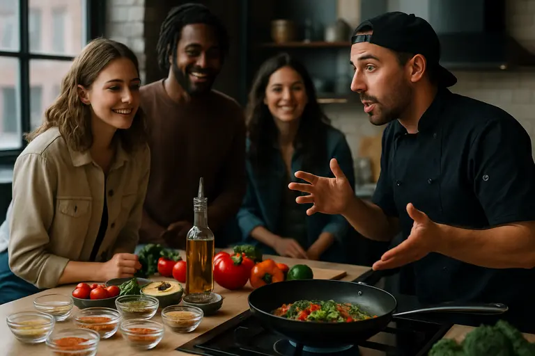 Small group gathered around a home dining table with plated courses