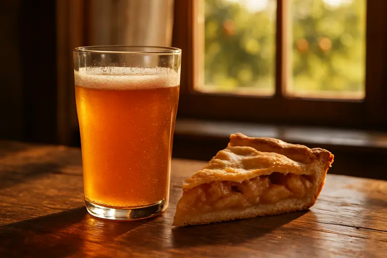 Cider glass and sliced apples beside a plated fall dessert