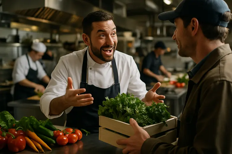 Vendor arranging crates of vegetables for a chef-led community dinner