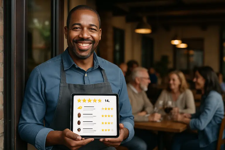 Regular diner checking a reservation confirmation at a small table