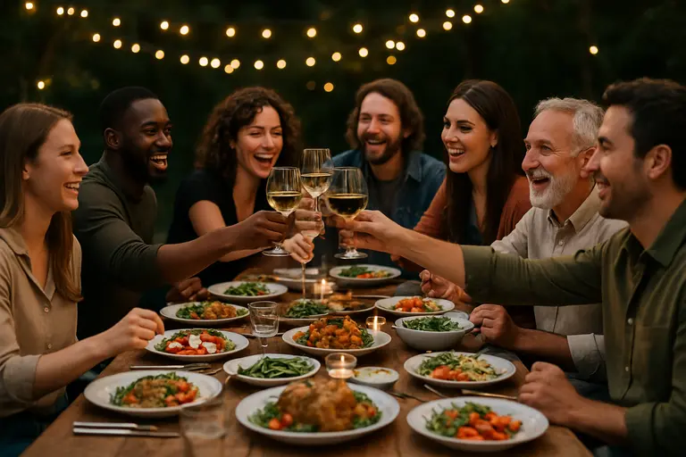 Friends sharing dishes around a home dining table