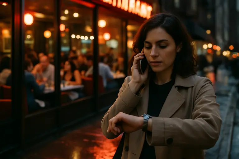 Friends reviewing dinner options together at a café table