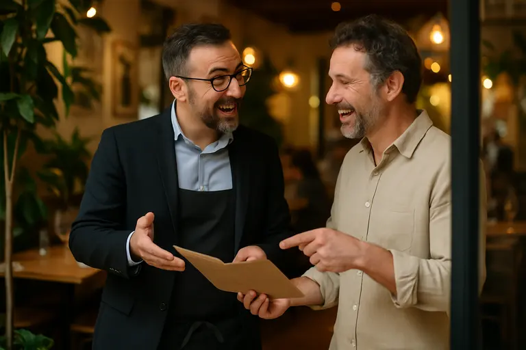 Server presenting menus to guests at a dining table