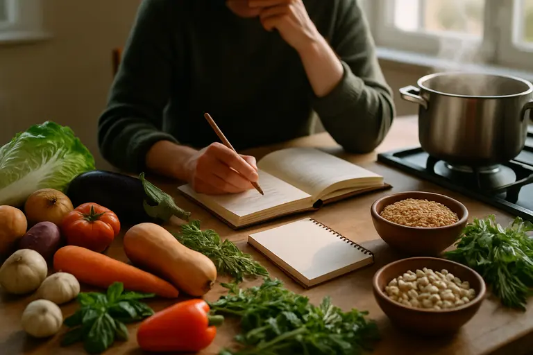 Notebook beside fresh vegetables and seafood for menu planning