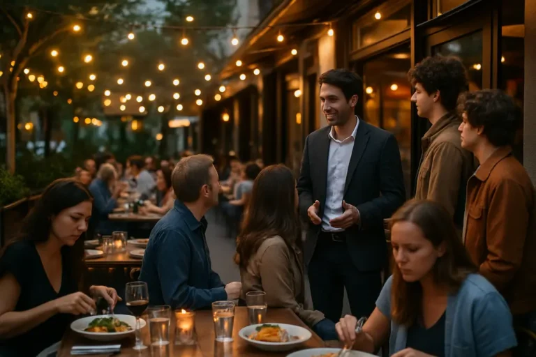 AI Reservation Surge shown through a diner checking a restaurant booking on a phone