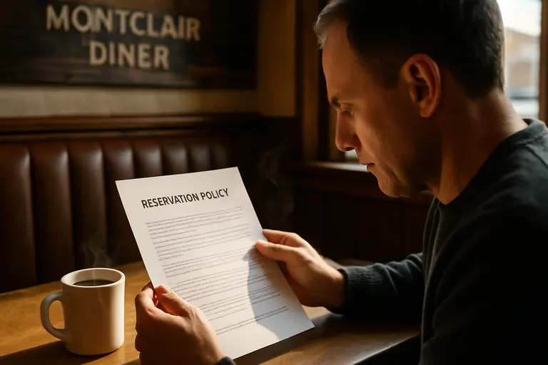 Couple reviewing a restaurant booking page at a small table