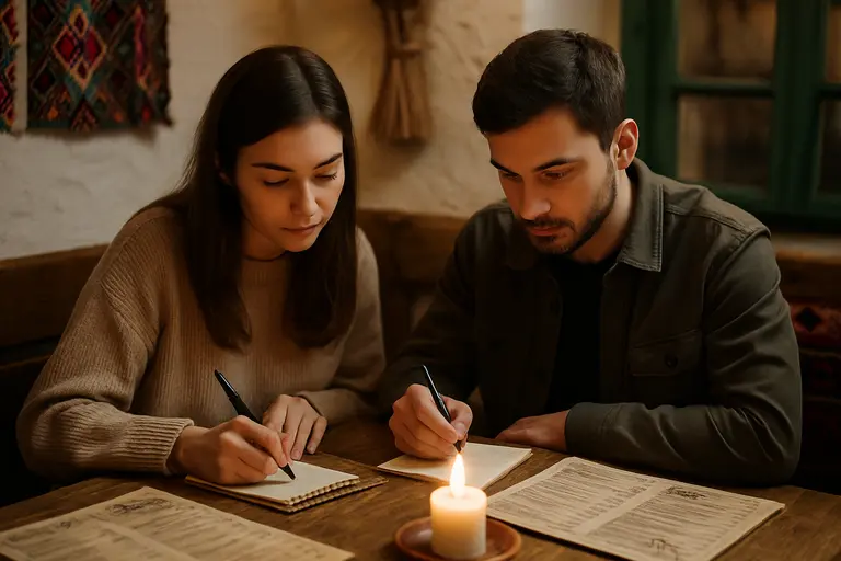 Diner reading a menu beside a notebook and glass of water
