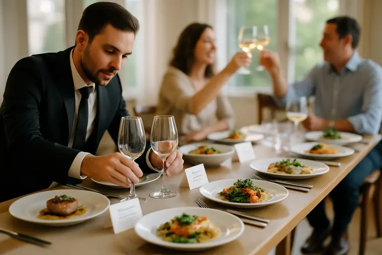 Guests sharing a plated dinner with wine glasses on a warm dining table