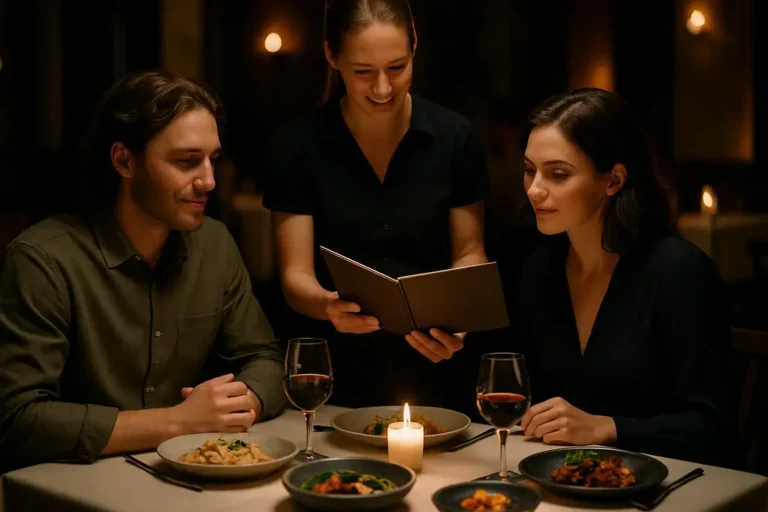 Inflation Dining Trends shown through diners reviewing a restaurant menu before ordering