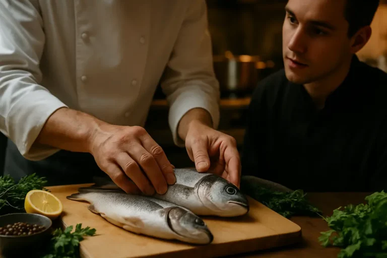 local seafood sourcing shown through fresh fish on a chilled prep counter