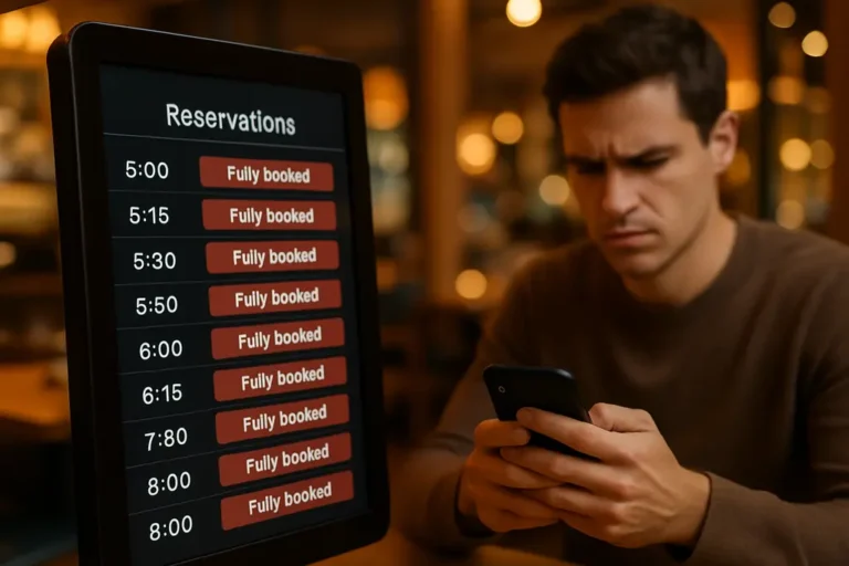 Diners reading reservation policies on a phone before dinner