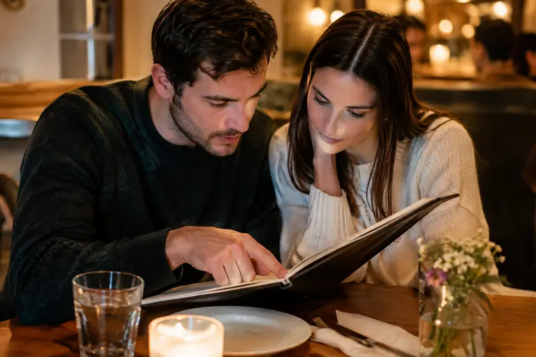 restaurant menu beside a glass of water on a dining table