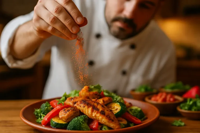 Small bowls of sazón seasoning with rice, herbs, and roasted vegetables on a table